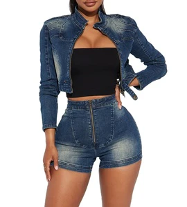 Denim Women Set Long Sleeve Crop Jean Jacket Shorts Jeans Suit Street Cargo Tracksuit Two Piece Set Fitness Outfits