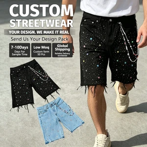 OEM Streetwear Custom High Quality Streetwear Men's Hip Hop Crystal Gemstone Rhinestone Jorts Vintage Denim Shorts for Men