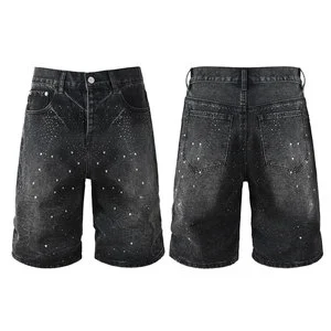Wholesale Fashion Pants Baggy Vintage Washed Rhinestone Denim Shorts for Men Short Jeans