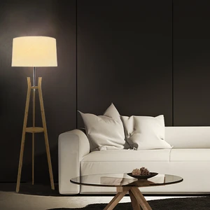 Modern Home and Hotel Living Room LED Floor Lamp with Corner Tripod Bamboo Wooden Base and Fabric Lampshade-E26/E27 Base