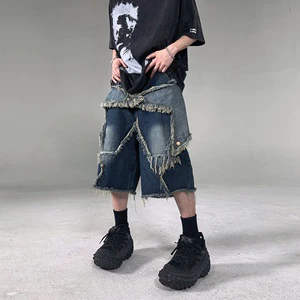 Summer Men's Retro American Denim Shorts Trendy Brand Five-Point Pants Loose Niche Crystal Decoration Blue Woven Mid Straight