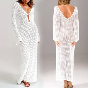 Long Sleeve Crochet Swimsuit Cover Ups Women Swimwear Summer Maxi Beach Dress Bikini Cover up