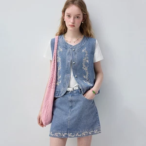 VEGA CHANG Light Blue Denim Vest For Women With Floral Embroidery Button Front And Sleeveless Casual Boho Layering Piece