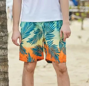 Gradient Sunset Men's Swim Trunks Tropical Palm Leaf Print Beach Shorts Quick-Dry Summer Vacation Board Shorts