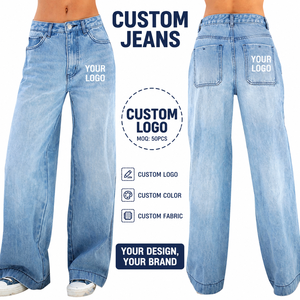 OEM Manufacturer High Waist Knitted Denim Trousers for Street Hipsters Wide Leg Breathable Light Washed Women's Fashion Jeans