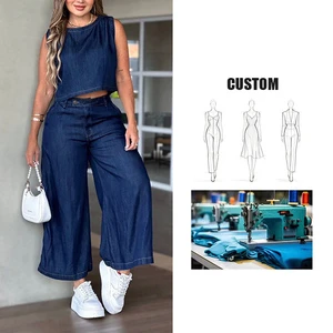 One Set Casual Solid Street Style Women's Tailored Sleeveless Jean Shirt and Matching Wide-Leg Pants in Dark Indigo Wash