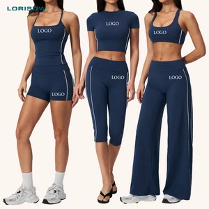 LORISOW Naked Feeling Yoga Set Women High Waist Butt Lift Capri Leggings And Sports Bra 7 Piece Gym Outfits Short Sleeve Top