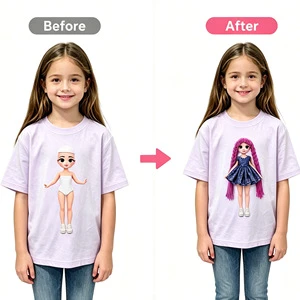 Kids Girl T Shirt Oversized Cotton T-shirt With A Large Printed Cartoon Doll Character On The Front.