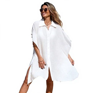 2026 Beach Cover-Up Cross-Border POLO Collar Shirt Dress Sheer Top Loose Short-Sleeve Bikini Cover-Up Leopard Print Discharge