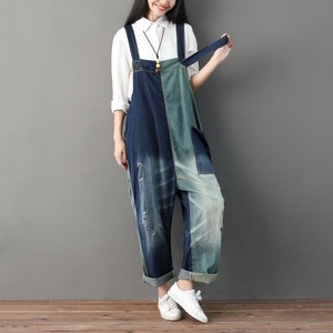 Boutique 2025 Spring New Denim Color Patchwork Hole Oversized Shoulder Strap Pants for Women's Jumpsuit