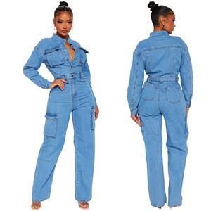 3570 Stretch Bellows Pocket Wash Denim Jumpsuit Bell-Bottom Pants Overalls