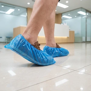 PE Plastic Blue Medical Disposable Shoe Covers with Buckles Closure Tear-Resistant & Abrasion-Resistant Anti-slip Composite Toe