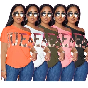 Hot Summer Women's Oversized T-Shirt with round Big Neck Drop Shoulders Letter Print Short Sleeve Plus Size Casual Casual