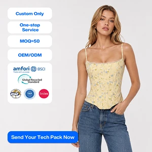 SHENGFU Corset Women Clothing Ladies Apparel Floral Lace Trim Fish Bone Slim Body Top Sleeveless Back Laceup Yellow Denim Outfit