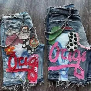 Streetwear Summer Acid Washed Shorts Men Custom Jeans Vintage Pour Hommes Applique Jorts