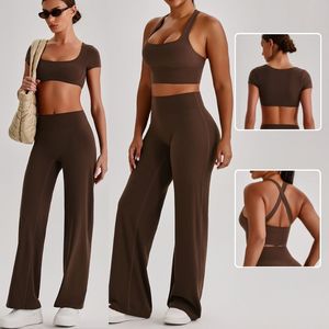 Quick Dry Short Sleeve Open Back Sports Bra Strappy Crisscross Racerback Top Nude Feeling Straight Leg Yoga Pants 3 Piece Set