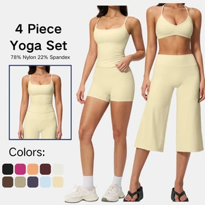 Womens Sexy Four Piece Yoga Set Backless Halter Sports Bra Shorts Wide Leg Culottes Outfit