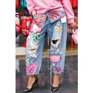 New Arrival Women's Stylish Graphic Print Ripped Rhinestone Jeans Mid Waist Casual Design with Glamorous Edgy Look for Summer