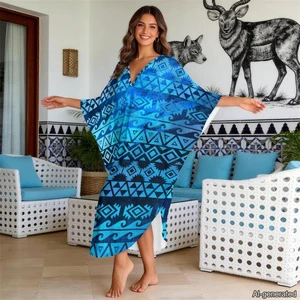 ODM Women's Swimsuit Cover up Beach Kaftans for Bathing Suit with Geometric Pattern Printed Beach Coverup Blouse