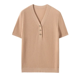 Summer Mulberry Silk V-Neck Short-Sleeve Top Custom Logo Solid Knitted Pullover Women's Loose Silk T-Shirt Base Layer