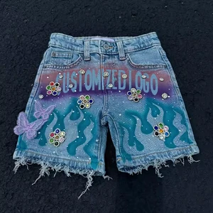 Custom High Quality Casual Denim Shorts Fashion Rhinestone logo Decorated Oversized Men's Shorts
