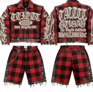 OEM Streetwear Acid Wash Cargo Men's Loose Vintage Rhinestone Denim Set - High Quality Comfortable Design Outfit