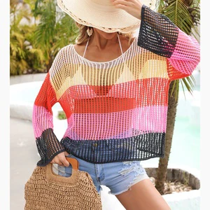 Newest Cutout Women Bikini Cover up Rainbow Ladies Cover up Beach Dress 2023 Crochet Cover up Swimwear Beachwear