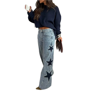 Embroidered Floral Wide Leg Jeans Women Elegant Patchwork Denim Pants Custom Wholesale Vintage Boho