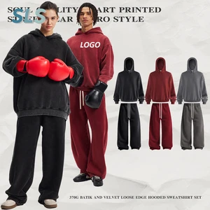 Unisex Vintage Washed Eco-Friendly Polyester/Cotton Oversized High Street Hip Hop Streetwear Hoodie Sweatpants Combo Trendy