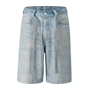 Unisex High Street Style Straight Denim Shinny Shorts Breathable Sun Faded Rhinestone Vintage Casual for Men Women Summer Trends