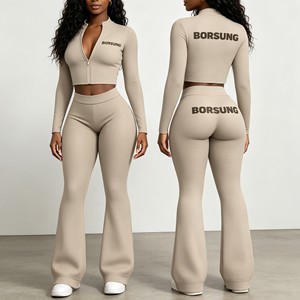 Y2k Women's Custom Logo Winter Tracksuit Set Full Zip Jacket Flared Pants 2 Piece Active Wear Women Active Wear Gym Fitness Sets