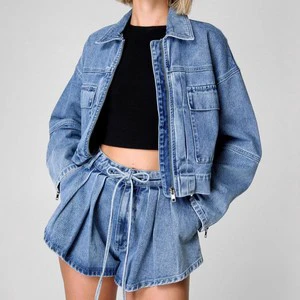 2025 Tooling Style Outdoor Denim Jacket Women's High Waist Loose Short 2 Pieces Set Fashion