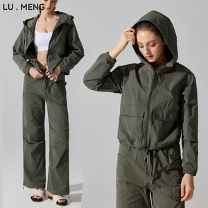 Women Windproof Outdoor Hiking Jacket, Lightweight Sun Protection Hooded Loose Sports Coat Casual Yoga Outerwear Windbreaker