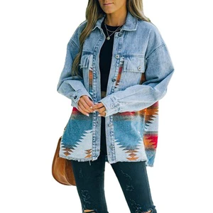 Wholesale Woman Jean Jacket Denim Coats for Ladies Vintage Printed Patchwork Jacket