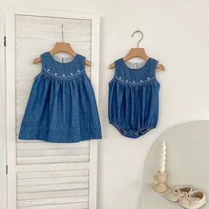 2026 Girls Denim Skirt Summer Korean Children's Clothing Sleeveless Dress Infant Girls Baby Jumpsuit Romper Sister Outfit