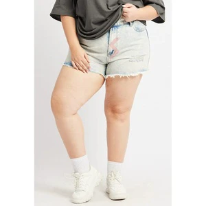 High Waist Breathable Shorts for Women Plus Size Distressed Ripped Hem Tack Button Slight Stretch Regular Fit Short Denim