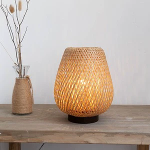 Modern Rattan Table Lamp with Bamboo Look for Nightstand Desk or Hotel Room Ambient Lighting