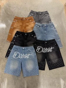 Custom Summer Breathable Straight Mid Waist Crystal Rhinestone Stonewashed Vintage Oversize Cargo Denim Shorts for Men