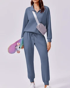 New Spring Autumn Leisure Travel Suit Lapel Half Zipper Pullover Long Loose Straight Pant Causal Workout Jogging 2pcs Tracksuit