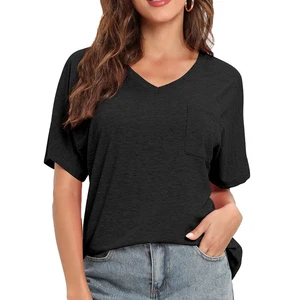 Women's Bamboo V-Neck T-Shirt Button Short Sleeve Casual Natural Soft Breathable Eco-Friendly Lightweight Print Hole Regular Fit