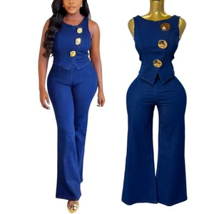 Y6631 Fashion Women's Denim Sets Sleeveless Metal Buckle Denim Tops and Wide Leg Jeans Pant 2 Piece Set Pants Set With Zipper