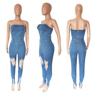 Casual Women Jeans Tight Fitting Button Pencil Jumpsuits Vintage Denim Bodycon Overalls for Ladies