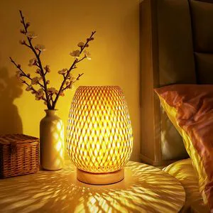 Bamboo Woven Round LED Table Lamp Zen Bamboo and Wood Bedside Lamp