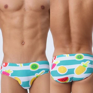 Custom Summer Men Swimwear Printed Fashion Bikini Low Waist Triangle Style Swimming Pants Fruit Printed Beach Swimming Shorts