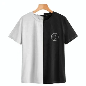 Women's Custom Printed Black White Contrast Casual Summer Short Sleeve T-Shirts Made to Order Denim Terry Fabric Breathable