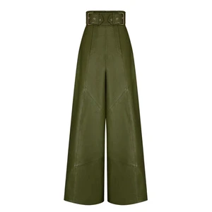 Women's High Quality Casual Pants Fashion PU Leather Bell-Bottom with Cinched Waist Mid-Waist Flat Front Loose Fit Front Pocket