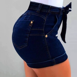 Women's Plus Size Waist Belt Washed Elastic Sexy Denim Shorts