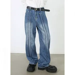 Men's Vintage Relaxed-Fit Straight-Leg Mid Waist Breathable Washed Denim Jeans Designer-Inspired High-Street Wide-Leg Pants
