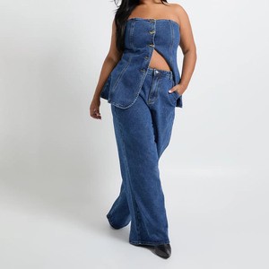 Custom Plus Size Women's High Waist Wide Leg Denim Jeans With Button Fly Stonewashed Blue Casual Spring Style Women Denim Pants
