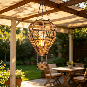 Pastoral Style Small Rattan Woven Solar LED Hot Air Balloon Pendant Light For Home Courtyard Walkway Garden Statue Decoration